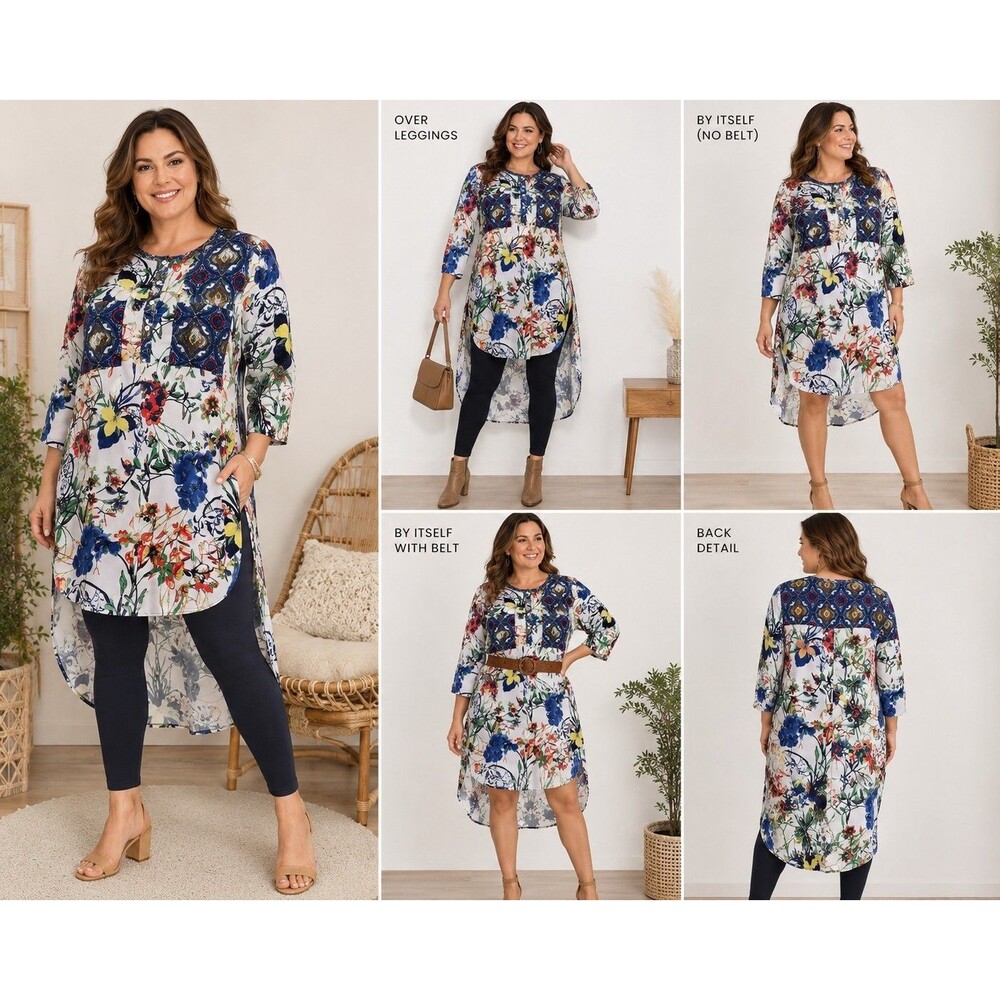 Valerie Stevens XL Boho Mixed Print Tunic Dress Hi Low Cottagecore Romantic Chic
